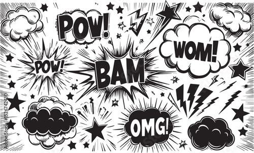 Comic boom cartoon effect line element set. Comic speech bubble pow, boom text, explosive splash smoke, wow cartoon vector icon. Hand drawn sketch doodle explosive element. EPS Vector illustration.