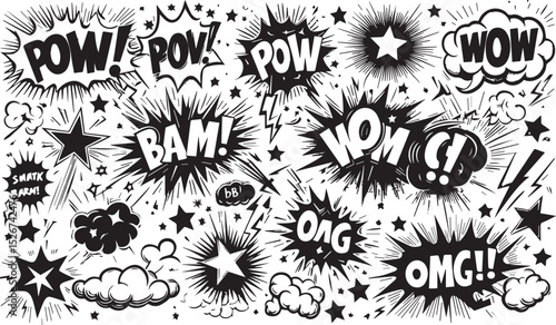 Comic boom cartoon effect line element set. Comic speech bubble pow, boom text, explosive splash smoke, wow cartoon vector icon. Hand drawn sketch doodle explosive element. EPS Vector illustration.