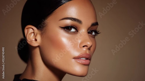 GEN 3: Ключевалка сказал:

Close-up of a woman with glowing skin and sharp eyeliner, looking sideways against a neutral background. Beauty, skincare and makeup concept. 4K video