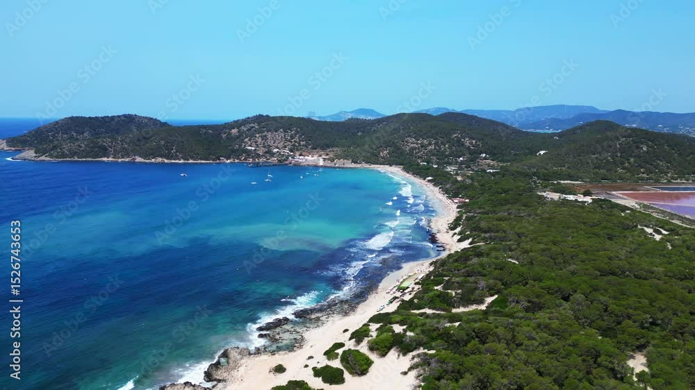 Cliff Bays at Ses Salines beach Ibiza Spain. Beautiful aerial view flight drone Cliff Bays at Ses Salines beach Ibiza Spain. Beautiful aerial view flight drone