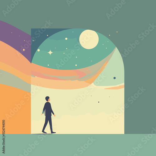 Surreal dreamlike landscape with man walking through portal into cosmic sky, abstract journey and self-discovery vector illustration