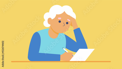 An elderly person sits with an empty notebook the frustration apparent on their face as they struggle to put their thoughts onto paper.. Vector illustration