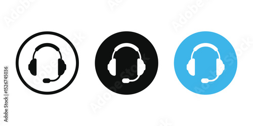Three minimalist circular icons featuring centered headsets with earcups & mic cord. Clean design in black, white, and light blue on white background. Ideal vector graphic for customer service.