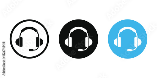 Three minimalist circular icons featuring centered headsets with earcups & mic cord. Clean design in black, white, and light blue on white background. Ideal vector graphic for customer service.