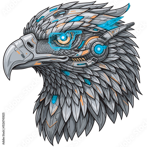 Highly detailed vector illustration of a futuristic, cyberpunk eagle head in profile, featuring bionic enhancements, metallic textures, and glowing blue lights. A unique blend of nature and technology