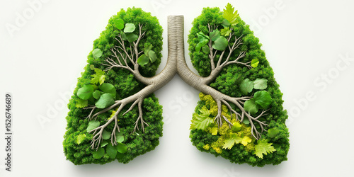 Human lungs made of green leaves, trees lungs of the planet, fresh breath, ecology, clean energy, modern design, banner