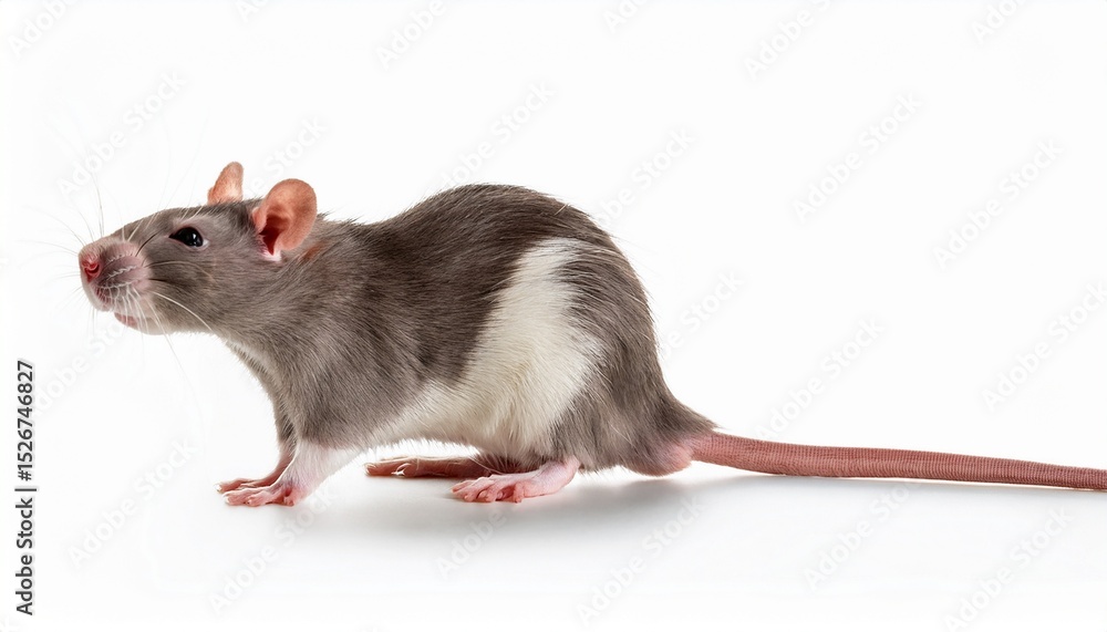 Gray and White Domestic Rat, Pet Rodent, Animal Portrait, White Background, Side View, Fluffy Fur, P Gray and White Domestic Rat, Pet Rodent, Animal Portrait, White Background, Side View, Fluffy Fur, P