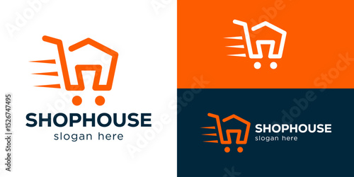 Creative simple shophouse logo template. Shopping cart with abstract home symbol logo design vector illustration.