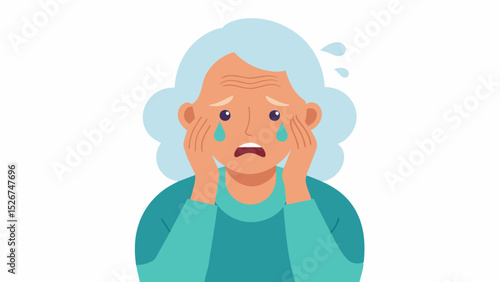 An elderly woman clasping her head in her hands tears streaming down her face as she tries to recall a memory that keeps slipping away. The emotional outburst is a result of her. Vector illustration