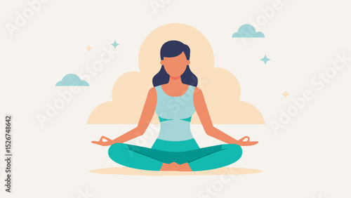 A woman practicing yoga and meditation as part of her tailored therapy plan for managing symptoms of PTSD.. Vector illustration