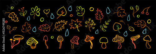 Colorful crayon autumn vector set with leaves, mushrooms, forest berry and raindrops perfect for children, kindergarten crafts, back to school seasonal designs and educational materials.