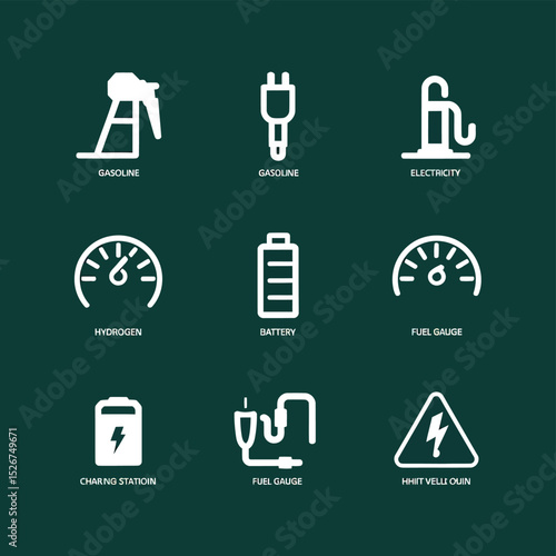 vector icons to vehicle fueling and charging a gasoline pump, an electric vehicle plug hydrogen mole
