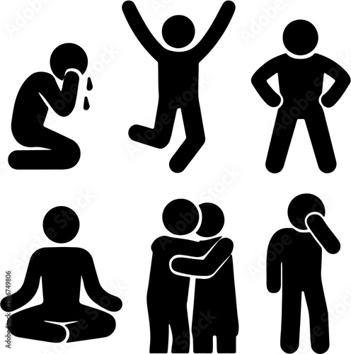 Emotional Stick Figure Icon Set – Crying, Hugging, Meditating, and More