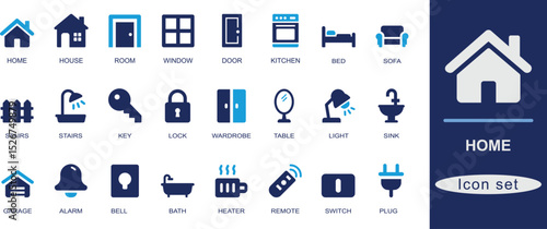 
Flat solid  home icon set with house, room, door, window, light, sofa, kitchen, bed, lock, and key. Perfect for real estate, interior, and smart home UI.