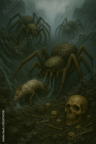Macabre Spider lair ,Horror Fantasy With Prey And Skeletons 