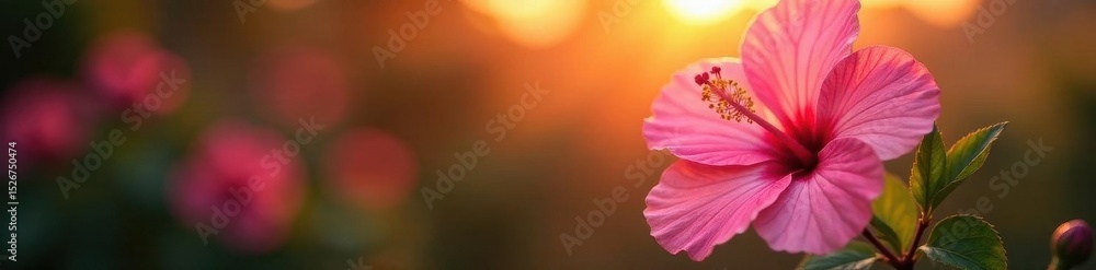 Fototapeta premium Soft pink hibiscus, glowing sunset hues Delicate petals, fiery backdrop , delicate, red, sunset