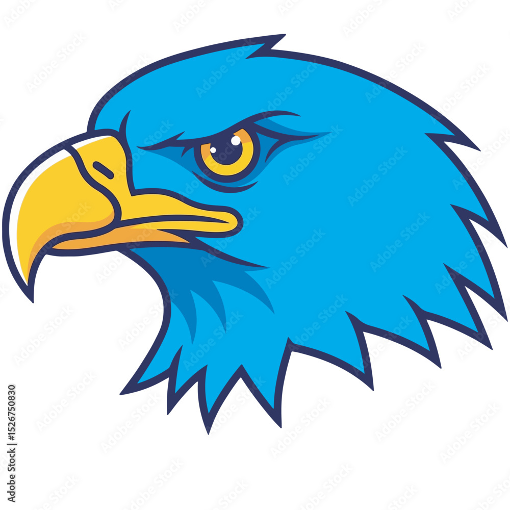 Fototapeta premium Vibrant vector illustration of an eagle head in profile, featuring bold blue feathers, sharp yellow beak, and intense orange-yellow eye. Clean, strong lines perfect for a mascot, logo, or sports team 