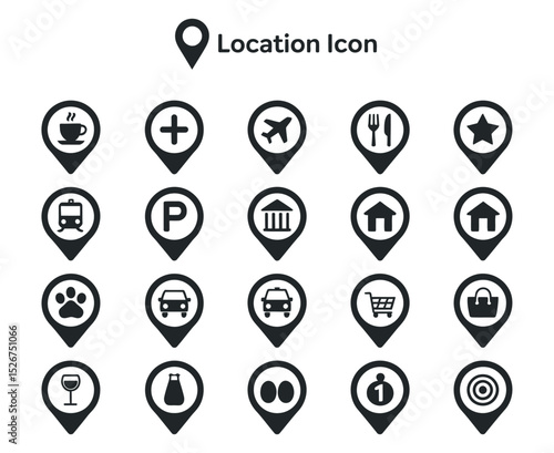 Set of Location Pin Icons for Various Places and Services Including Restaurant Coffee Shop Transportation and Shopping in Black and White