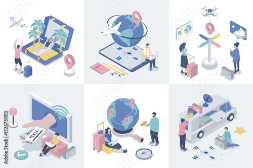 Travelling 3d isometry concept for web design. Collection set with isometric people booking flight tickets online, global tourism, car vacation, summer trip to sea beach resort. Vector illustration.