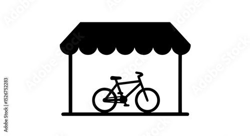 A black and white image of a bicycle parked under a black and white awning
