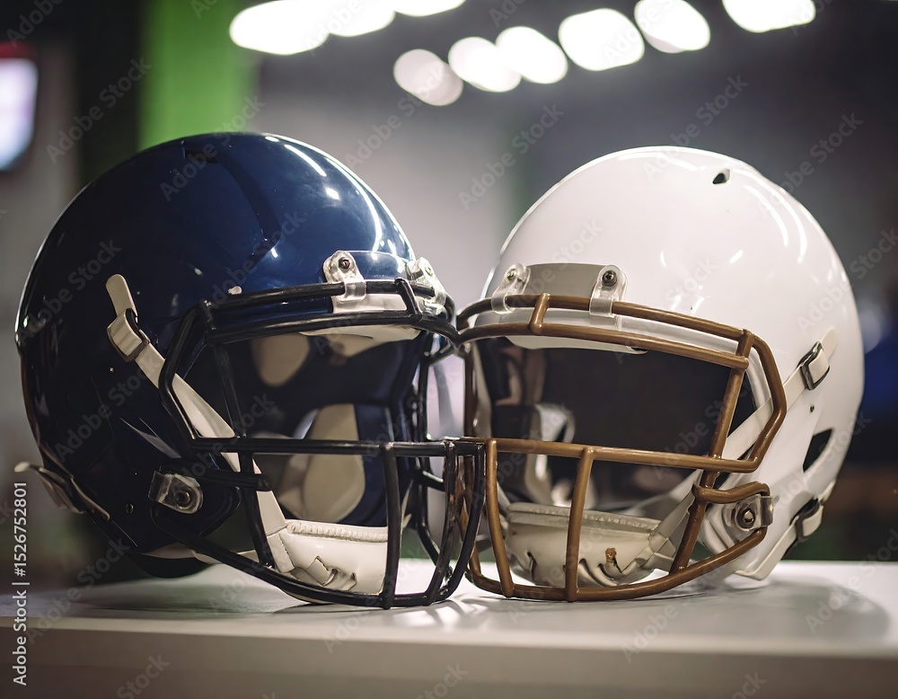 Fototapeta premium Two football helmets, blue and white