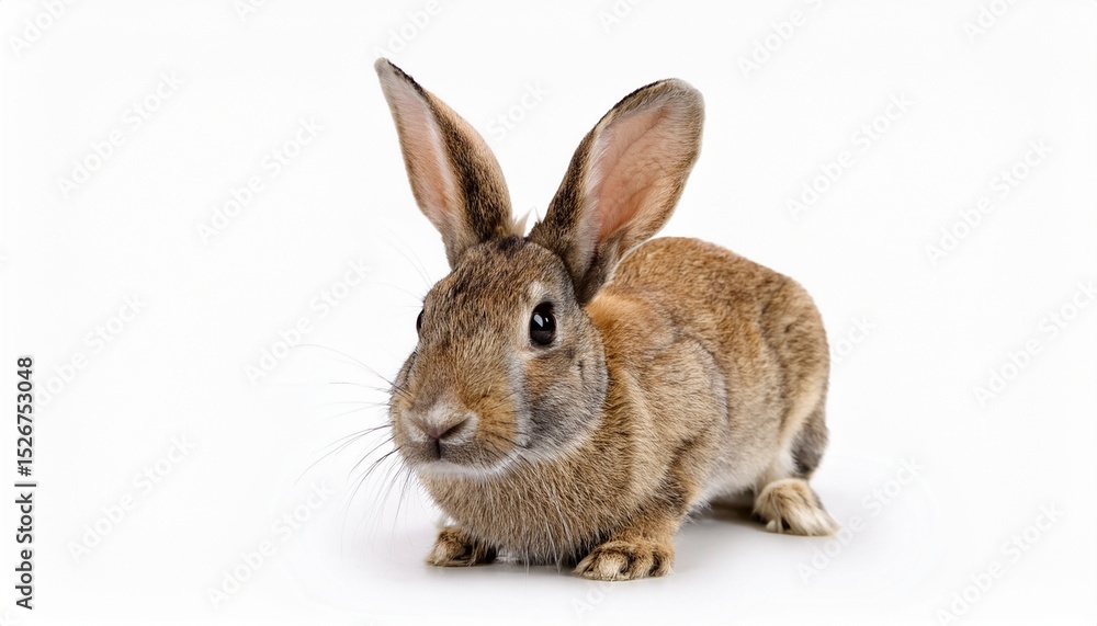 Fototapeta premium Adorable Brown Rabbit Posing, Fluffy Fur, Long Ears, White Background