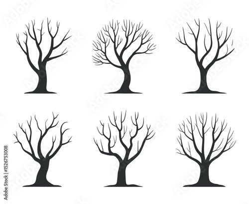Set of Six Bare Tree Silhouettes on a White Background for Winter Autumn Halloween and Spooky Graphic Designs and Illustrations