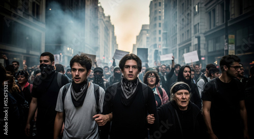A group of protesters marches down a city street shrouded in smoke, symbolizing civil unrest and the fight for change