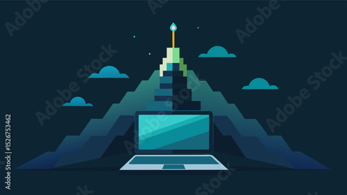 Despite the isolation the laptops glowing screen represents a connection to the outside world perched high atop a towering peak.. Vector illustration