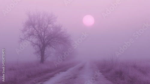 Misty, purple sunrise over a rural path.