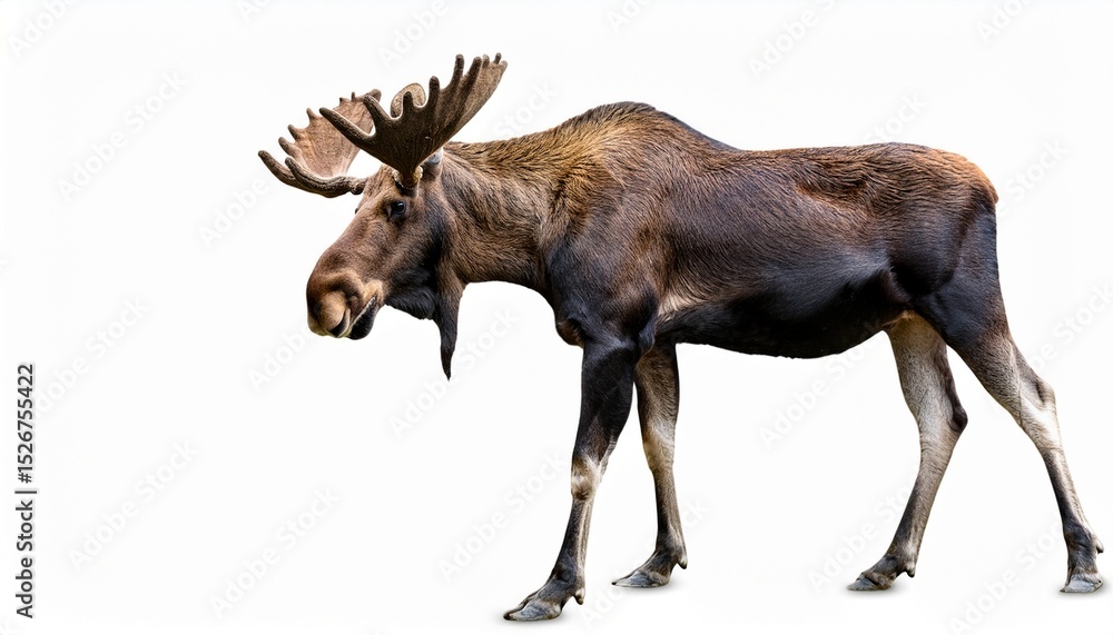 Majestic Bull Moose Antlers, Fur, Legs, Wildlife, Nature, Isolated, White Background, Animal Portrai Majestic Bull Moose Antlers, Fur, Legs, Wildlife, Nature, Isolated, White Background, Animal Portrai