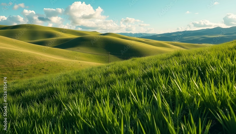 Fototapeta premium Rolling Hills of Lush Green Grassland Under a Sunny Sky