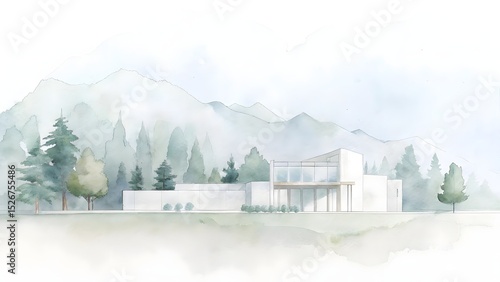 Architectural Drawings, Minimalist style CAD tree line drawing, Side view, set of sectional mountain forest outline symbol for landscape design drawing. Vector illustration with stroke fill in white