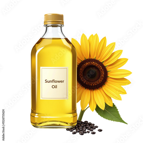 High-quality image of a sunflower oil bottle, sunflower, and seeds. Ideal for food packaging, cooking blogs, and healthy lifestyle websites. Perfect for commercial use.