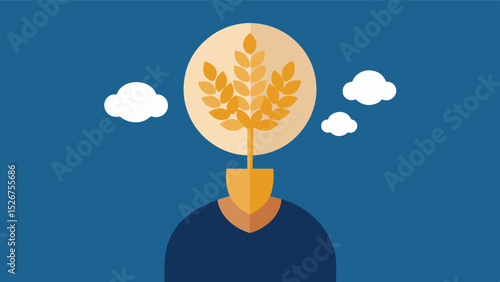 Depict a person with a thought bubble full of whole grains highlighting their role in providing steady energy for the brain and boosting mood.. Vector illustration