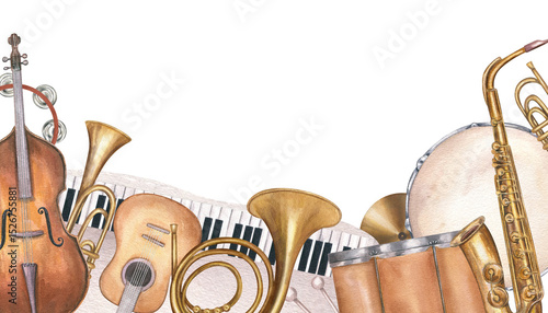 Watercolor musical border with guitar, saxophone, piano, and other instruments isolated background. Rectangle frame with copy space for text. For summer music festival poster, outdoor concert program