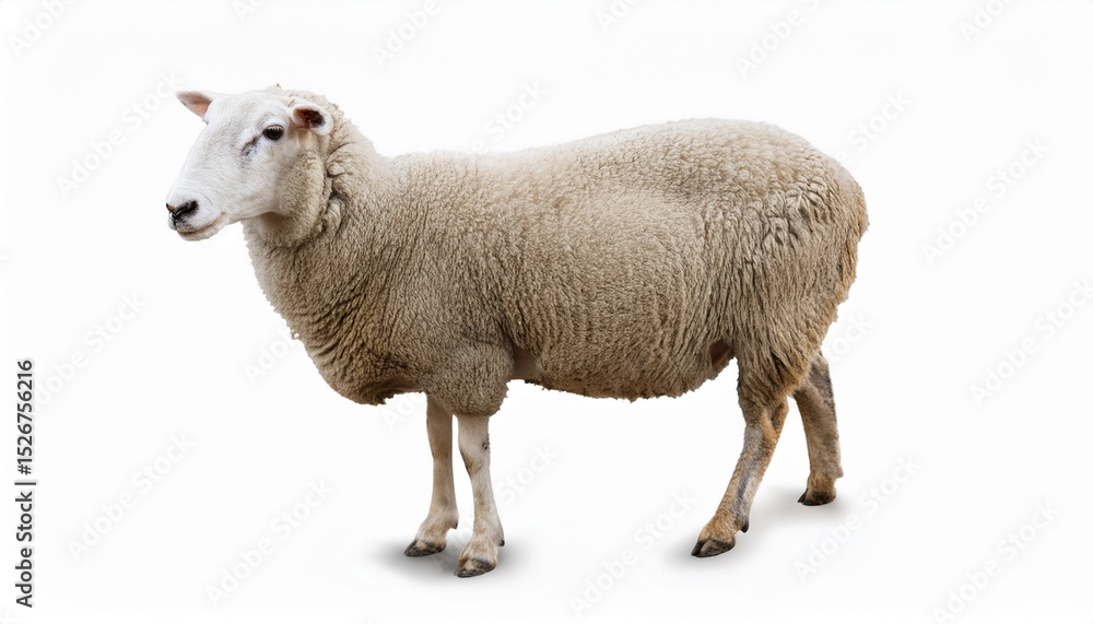 Obraz premium Domestic Sheep, Fluffy Wool, Farm Animal, White Background, Isolated Image, Grazing Animal, Fleece, 