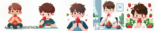 vector character boy eating strawberry