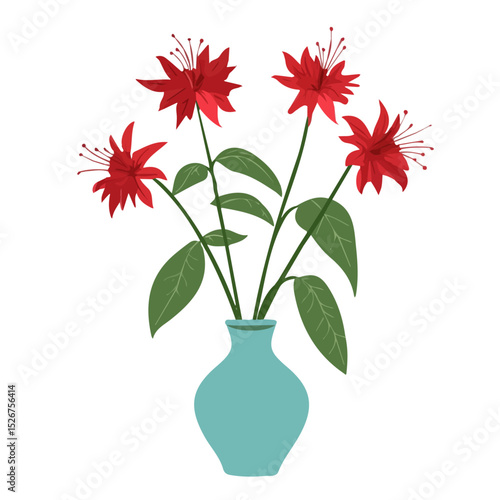 A Bee Balm In A Vase 2D flat vector illustration, isolated on a white background.