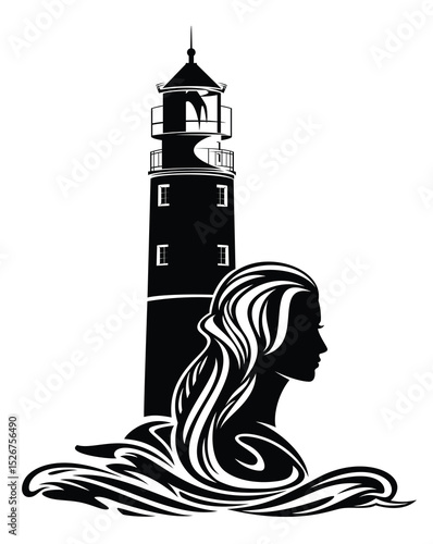 black and white vector silhouette portrait of beautiful fairy tale mermaid woman with long gorgeous hair among sea waves by lighthouse