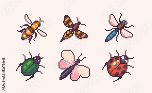 Insects pixel art set. Bugs and beetles collection. 8 bit sprite. Game development, mobile app. Isolated vector illustration.	