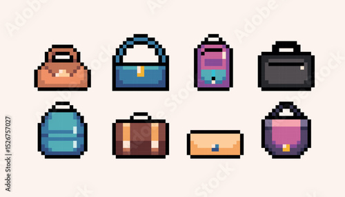 Bags and backpack pixel art set. Fashion accessory, 8 bit. Game development, mobile app. Isolated vector illustration.