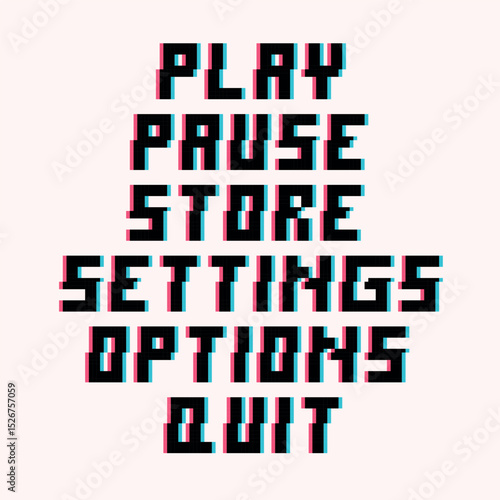 Glitch 3d effect buttons pixel art set. Interface bar collection. Computer panel 8 bit sprite. Game development, mobile app. Isolated vector illustration.	