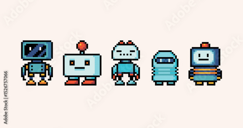 Robot toys pixel art set. Android bot cute collection. Futuristic mechanical cyborg 8 bit. Game development, mobile app. Isolated vector illustration.	