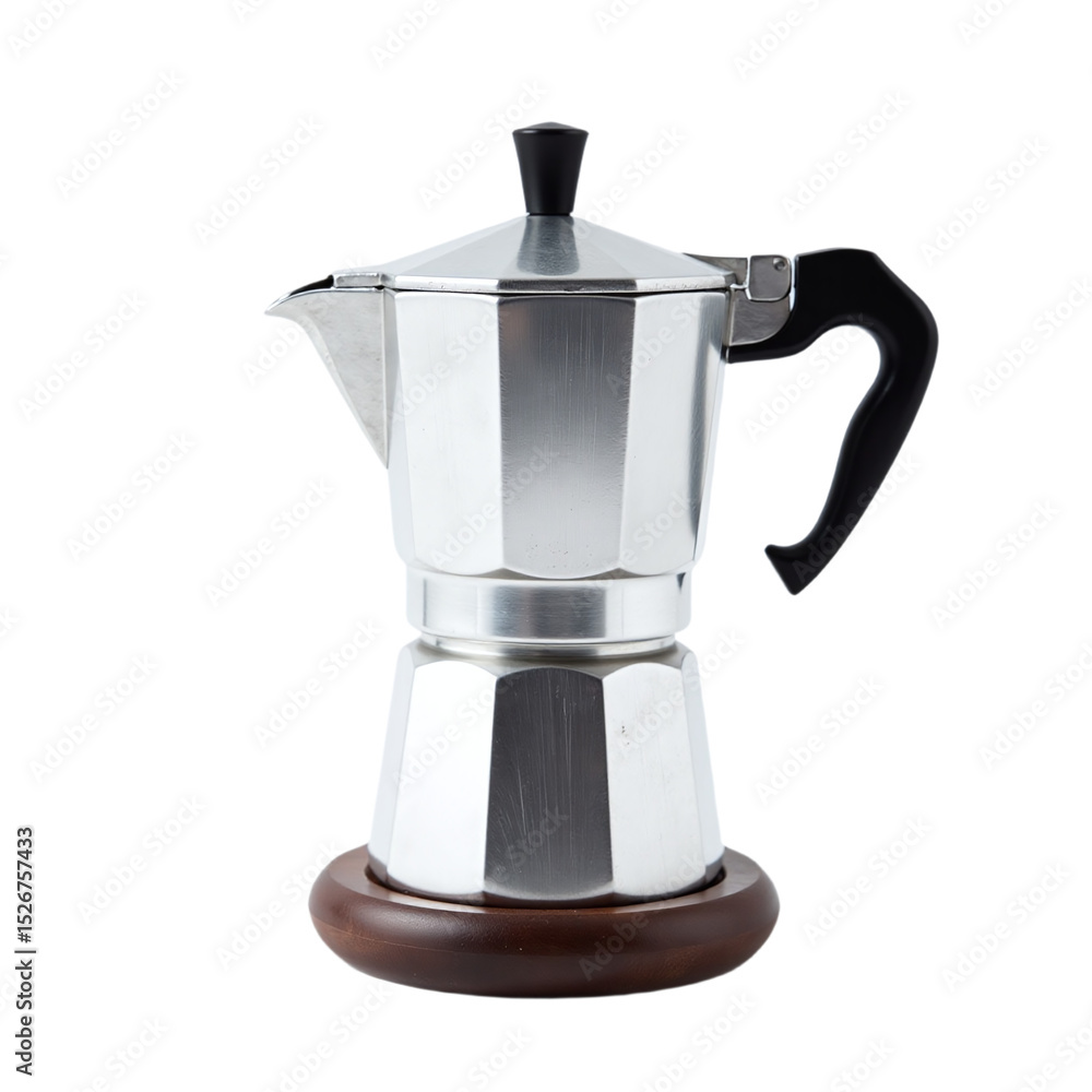 Stylish metallic coffee maker on wooden base. Perfect for websites, blogs, cafe menus, and culinary publications. Ideal for advertising coffee or kitchen products. Stylish metallic coffee maker on wooden base. Perfect for websites, blogs, cafe menus, and culinary publications. Ideal for advertising coffee or kitchen products.