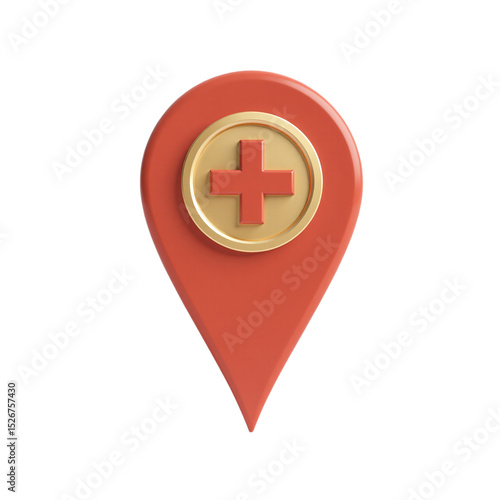 3D render of a red and gold medical location pin. Perfect for healthcare apps, websites, and marketing materials.  Ideal for mobile apps and websites.