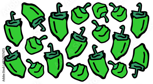 
Vector color horizontal banner with many green salad Bulgarian peppers on a white isolated background