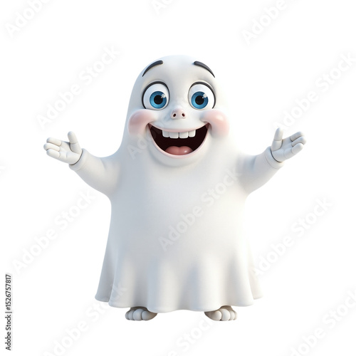 Cute 3D cartoon ghost.  Happy, friendly expression. Perfect for Halloween, kids, websites, and social media. Ideal for various commercial uses.
