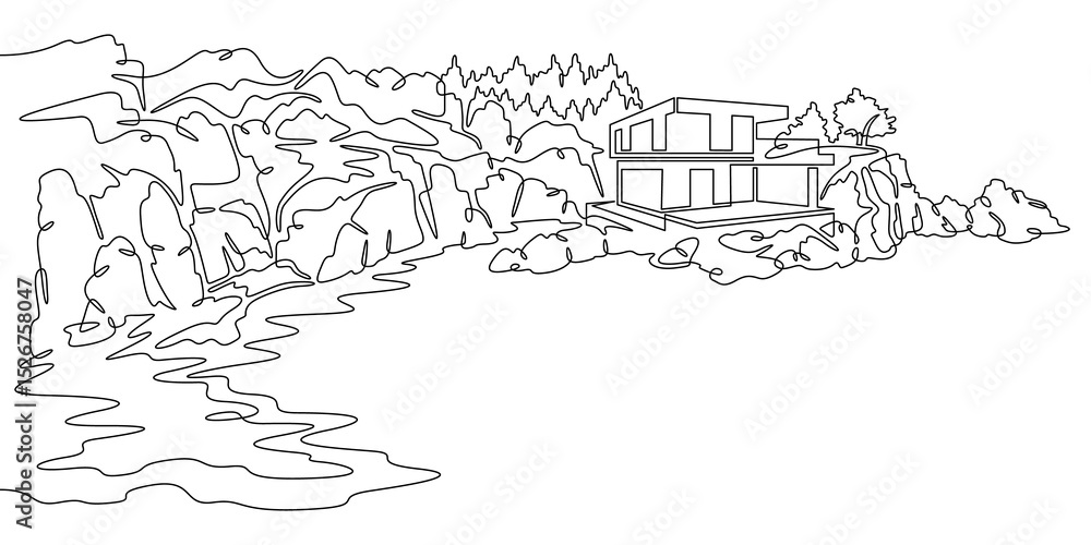 Fototapeta premium Continuous one line drawing Modern house on a cliff.House on the shore.Seascape.Rocky coast.One continuous line isolated minimal illustration.Not AI.