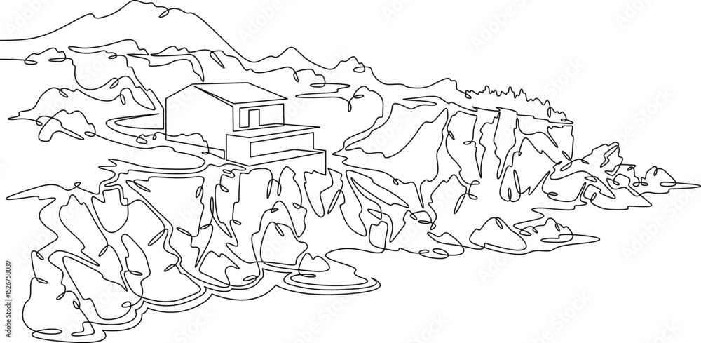 Fototapeta premium Continuous one line drawing Modern house on a cliff.House on the shore.Seascape.Rocky coast.One continuous line isolated minimal illustration.Not AI.